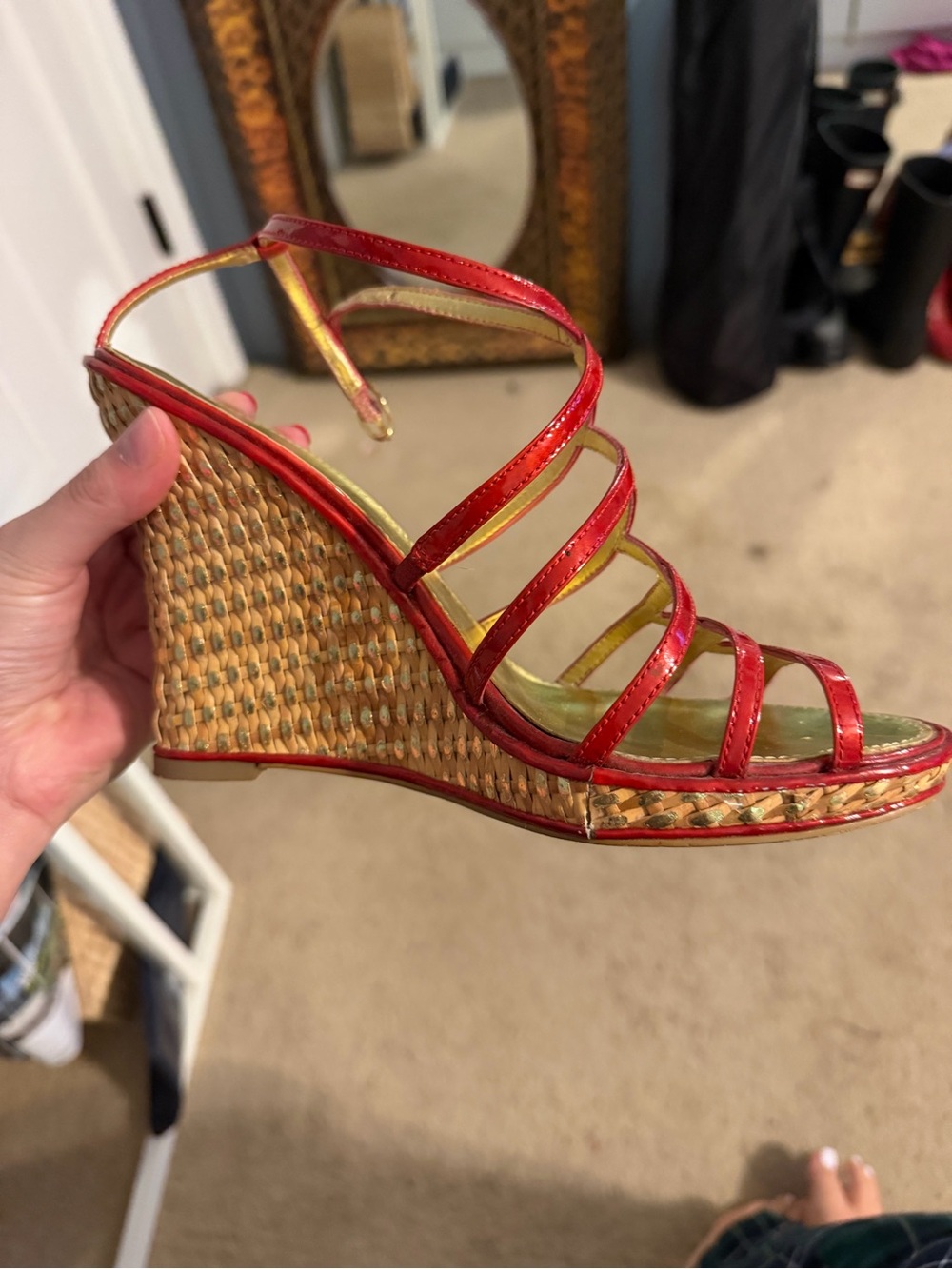 Red Strappy Wedge Sandals - Women's Summer Heels